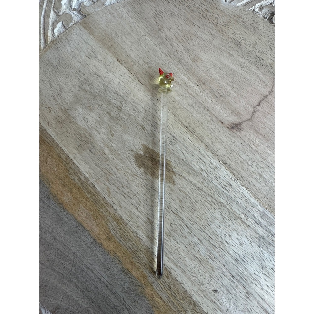 Vintage Hand Blown Glass Swizzle Stick Cocktail Stirrer Animal Head Red Clear 7"